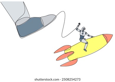Single continuous line drawing smart robot riding a rocket flies away from the giant foot. Survive big shocks and be ready to open a new business. Future tech. One line design vector illustration