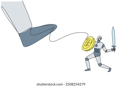 Single continuous line drawing smart robot tries to ward off the giant foot that wants to step on it. Designed to be ready to fight for company profits. Future. One line design vector illustration