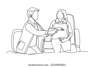 Linha única contínua desenho inteligente masculino obstetrícia e ginecologia médico verificando mãe grávida jovem deitada no sofá. Gravidez tratamento de saúde. Ilustração de vetor de design gráfico com desenho de uma linha