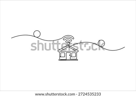 Single continuous line drawing of a smart home with wireless signals above the roof. Minimalist icon for home automation and technology.