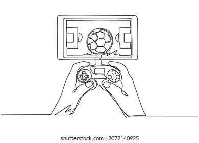 Single continuous line drawing smartphone connected with gamepad and playing football games. Online football games. Smartphone applications. Mobile football. One line draw design vector illustration