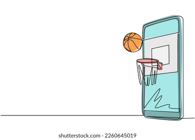 Single continuous line drawing smartphone with app basketball hoop and ball. Smartphone with app basketball. Mobile sports stream championship to play. One line draw graphic design vector illustration