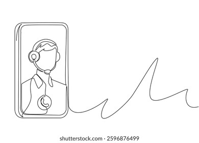 Single continuous line drawing smartphone with image of customer support wearing headphones. Solve problems with video calls. International Customer Support Day. One line design vector illustration