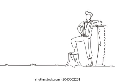 Single continuous line drawing smiling lumberjack man wearing suspender shirt, standing with steel two man saw, posing with one foot on a tree stump. One line draw graphic design vector illustration