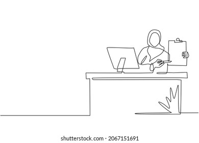 Single continuous line drawing smiling banking clerk showing bank credit, loan contract or mortgage agreement sitting at desk with computer. Arabian businesswoman lender. One line draw design vector