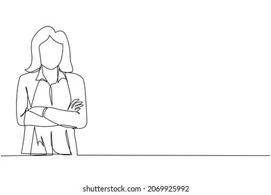 Single continuous line drawing smiling confident young woman in shirt, keeping arms crossed. Active businesswoman standing with folded arms pose. One line draw graphic design vector illustration