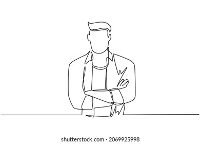 Single continuous line drawing smiling confident young man in shirt, keeping arms crossed. Active businessman standing with folded arms pose. Dynamic one line draw graphic design vector illustration