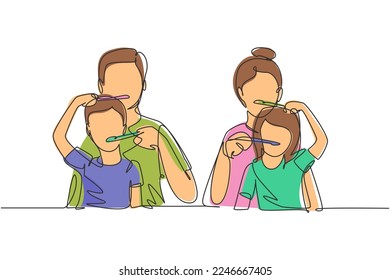 Una línea continua dibujando niños sonrientes cepilla sus dientes con mamá y papá en el baño. Hábitos rutinarios para la limpieza de la boca y los dientes. ilustración vectorial de diseño gráfico de una línea