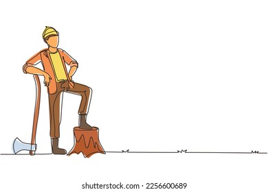 Single continuous line drawing smiling lumberjack wearing workwear and beanie hat, standing with axe and posing with one foot on a tree stump. Dynamic one line draw graphic design vector illustration