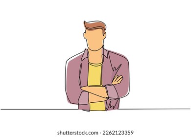 Single continuous line drawing smiling confident young man in shirt  keeping arms crossed  Active businessman standing and folded arms pose  Dynamic one line draw graphic design vector illustration