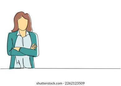 Single continuous line drawing smiling confident young woman in shirt, keeping arms crossed. Active businesswoman standing with folded arms pose. One line draw graphic design vector illustration