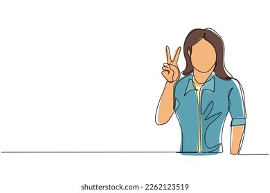 Single continuous line drawing smiling woman is showing victory sign. Young businesswoman gesture success. Female doing victory sign. Sign of success and peace. One line draw graphic design vector