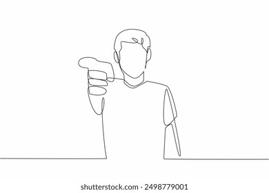Single continuous line drawing smiling man pointing forward. Happy feeling. Always try to think positively. Spread happiness. Invitation to be happy together. One line design vector illustration