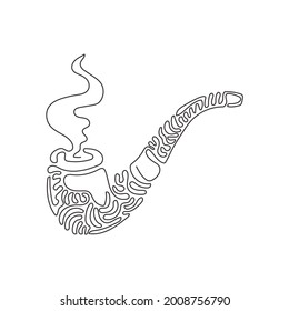 Single continuous line drawing smoking pipe with smoke. Tobacco pipe isolated. Tube for smoking tobacco. Personal smoking pipe. Swirl curl style. One line draw graphic design vector illustration