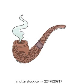 Single continuous line drawing smoking pipe with smoke. Tobacco pipe isolated. Tube for smoking tobacco. Personal smoking pipe. Swirl curl style. One line draw graphic design vector illustration