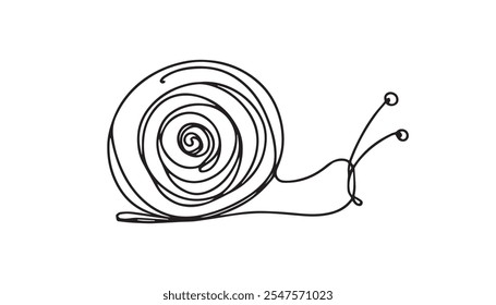 A single, continuous line drawing of a snail. The black sketch shows the slow-moving creature with its shell, symbolizing patience and nature.continuous single one line art concept.