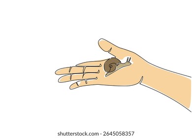 Uma única linha contínua desenhando caracol caminhando na palma da mão. O charme das pessoas boas. Mudando-se para o habitat natural para se reproduzir. Natural. Dia Nacional do Caracol. Ilustração de vetor de design de uma linha