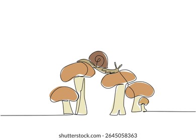 Single continuous line drawing snails walking and crossing on mushroom stems. Crawling animal with coiled shell. Devouring mushrooms slowly. National Snail Day. One line design vector illustration