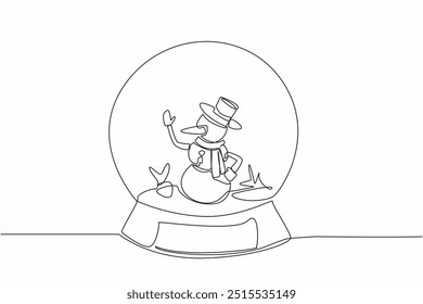 Single continuous line drawing snowman is in the glass snow globe. Sparkling. Memorable winter souvenirs. Toys. Living room decoration. Unique. World Snow Day. One line design vector illustration