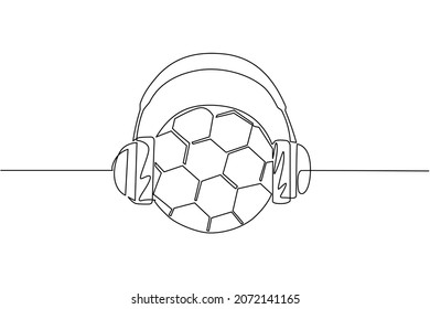 Single continuous line drawing soccer ball with headphone. Soccer commentator sport icon white isolated. Flat cartoon style suitable for web, banner, sticker. One line draw design vector illustration