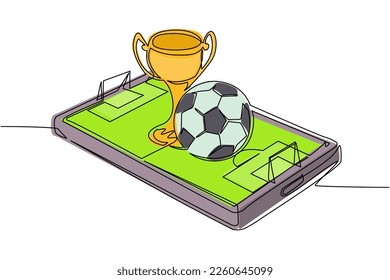 Einzelne durchgehende Ziehung von Fußball und Pokal auf dem Smartphone-Bildschirm des virtuellen Fußballfeldes. Mobile Fußball. Online-Fußballspiel mit live mobiler App. Einzeilige Zeichentechnik