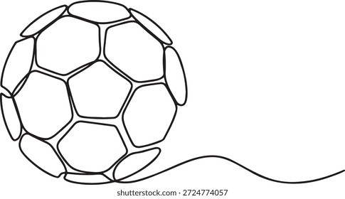Dibujo de línea continua única de balón de fútbol. Representación Abstractas de equipamientos deportivos con pentágonos y hexágonos. Diseño dinámico para temáticas deportivas y actividades atléticas.