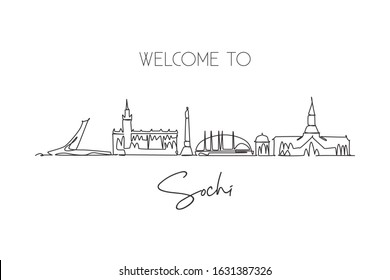 Single continuous line drawing Sochi skyline, Russia. Famous city scraper landscape home wall decor poster print art. World travel destination concept. Modern one line draw design vector illustration