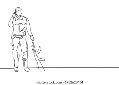 Single continuous line drawing soldier stands with weapon, uniform, and call me gesture serving the country with strength of military forces. Dynamic one line draw graphic design vector illustration