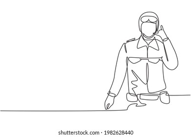 Single continuous line drawing soldier with goggle, full uniform, call me gesture is ready to defend the country on battlefield against enemy. Dynamic one line draw graphic design vector illustration