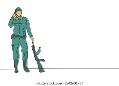 Single continuous line drawing soldier stands with weapon, uniform, and call me gesture serving the country with strength of military forces. Dynamic one line draw graphic design vector illustration