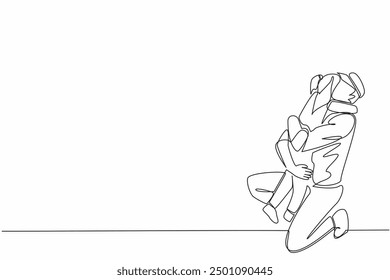 Single continuous line drawing a soldier is warmly welcomed by his daughter when returns home from duty. Kneeling. Smiling. Warm hugging. National Hug a G.I. Day. One line design vector illustration