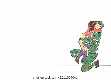 Single continuous line drawing a soldier is warmly welcomed by his daughter when returns home from duty. Kneeling. Smiling. Warm hugging. National Hug a G.I. Day. One line design vector illustration