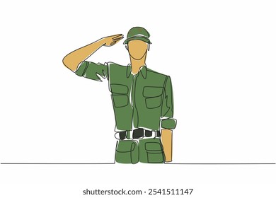 Soldados de desenho de linha única contínua saúdam enquanto usam capacetes. Dedicação de um soldado. Sacrifício de um soldado. Defendendo uma nação. Dia dos Veteranos da Guerra do Vietnã. Ilustração de vetor de design de uma linha