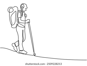 Single continuous line drawing of a solo hiker using a stick while ascending a mountain. Represents outdoor exploration and mountain climbing in a minimalist style.