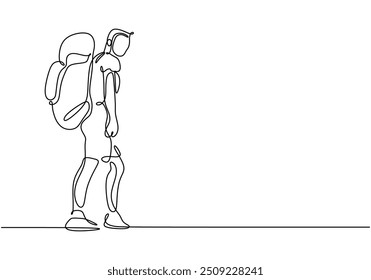 Single continuous line drawing of a solo hiker using a stick while hiking up a mountain. Represents mountain climbing and backpacking in a minimalist style.