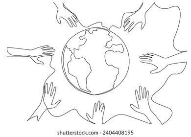 Single continuous line drawing some hands want to hold the globe. Rescue symbol. Volunteers save the earth. Plant trees. For better earth. World environment day. One line design vector illustration