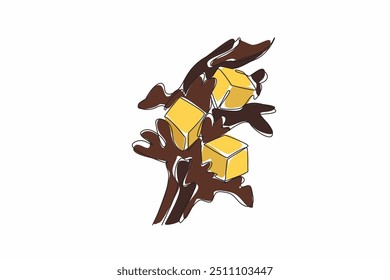 Linha única contínua desenhando alguns cubos de caramelo salpicado com chocolate de cima e de baixo. Experimentando sabores. Petiscos. Dia Nacional do Caramelo de Chocolate. Ilustração de vetor de design de uma linha