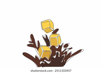 Linha única contínua desenhando alguns cubos de caramelo mergulhados no líquido de chocolate. Misture e combine sabores. Doce. Saboroso. Delicioso. Dia Nacional do Caramelo de Chocolate. Ilustração de vetor de design de uma linha