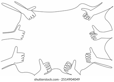 Single continuous line drawing some hands make a thumbs up gesture. Symbol of appreciation from some people. Approval. Pleasant deeds. National Screenwriters Day. One line design vector illustration