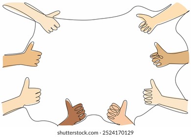 Single continuous line drawing some hands make a thumbs up gesture. Symbol of appreciation from some people. Approval. Pleasant deeds. National Screenwriters Day. One line design vector illustration