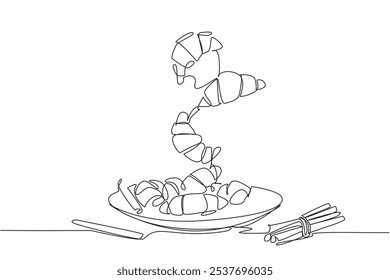 Uma única linha contínua desenhando alguns crescentes de canela na placa e alguns voando. Alguns paus de canela amarrados. Mantenha a resistência do corpo. Dia Nacional do Crescente de Canela. Ilustração de vetor de design de uma linha
