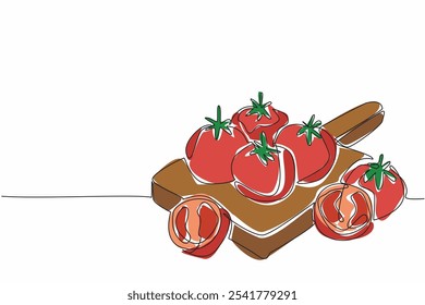 Linha contínua única desenhando alguns tomates estão em uma placa de corte de madeira espessa e quadrada. Frutas maduras serão transformadas em uma bebida vitamínica fresca. Dia do Tomate Fresco. Ilustração de vetor de design de uma linha