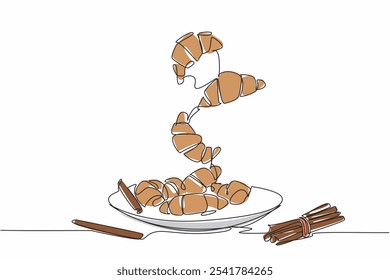 Uma única linha contínua desenhando alguns crescentes de canela na placa e alguns voando. Alguns paus de canela amarrados. Mantenha a resistência do corpo. Dia Nacional do Crescente de Canela. Ilustração de vetor de design de uma linha