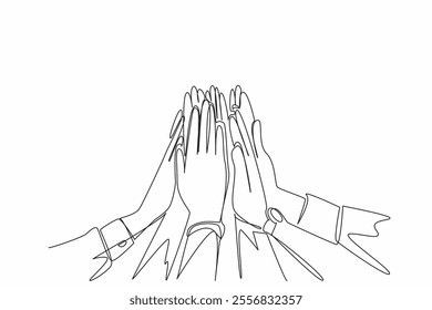 Single continuous line drawing some hands doing high five. Solid teamwork. Supporting each other. Encouraging. Symbol of shared victory. National High Five Day. One line design vector illustration