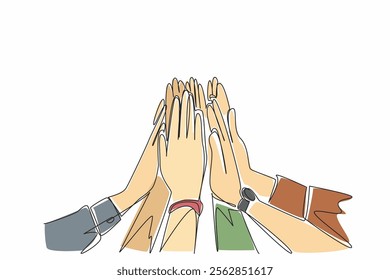 Single continuous line drawing some hands doing high five. Solid teamwork. Supporting each other. Encouraging. Symbol of shared victory. National High Five Day. One line design vector illustration