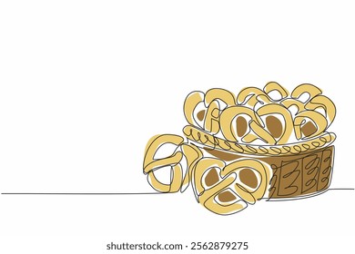 Single continuous line drawing some pretzels on wicker basket. Purchased lots for souvenir and to take home. Giving sweet food. Giving memory. National Pretzel Day. One line design vector illustration