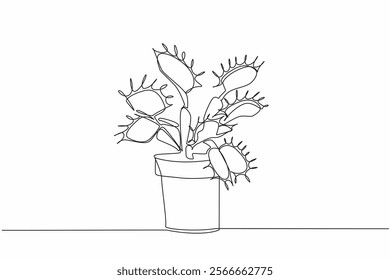 Single continuous line drawing some venus flytraps in pot. This plant eats insects to meet its nutritional needs. Benefits for humans. World Carnivorous Plant Day. One line design vector illustration