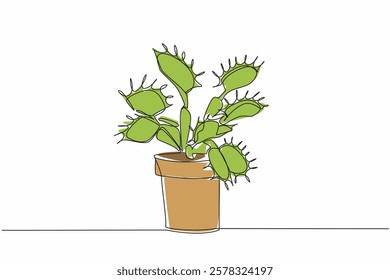 Single continuous line drawing some venus flytraps in pot. This plant eats insects to meet its nutritional needs. Benefits for humans. World Carnivorous Plant Day. One line design vector illustration