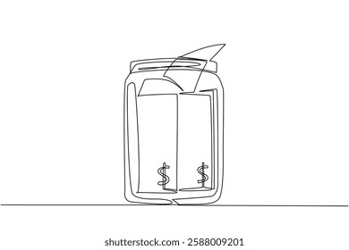 Single continuous line drawing some dollar bills in a jar. Sharing is fun. Donate to those who deserve it more. Banknotes. Donate a Wages of Day To Charity Day. One line design vector illustration