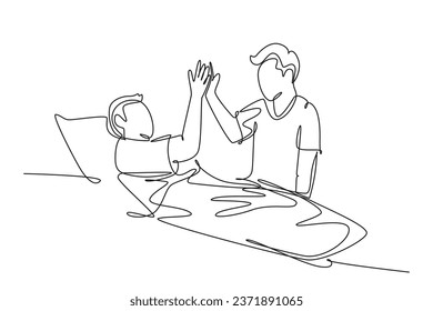 Single continuous line drawing son take care of sick father at hospital and should be take a bed rest and give high five gesture. Medical healthcare. One line draw graphic design vector illustration